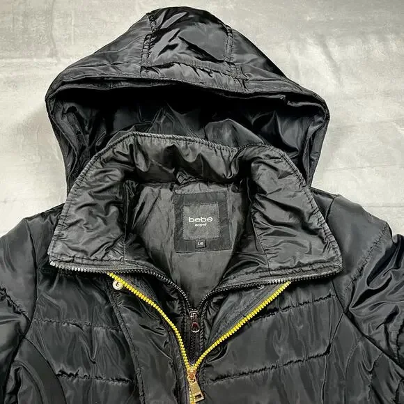 Bebe Long Black Puffer Coat Belted Gold Accents Womens L Double Zipper Hooded - Picture 2 of 16